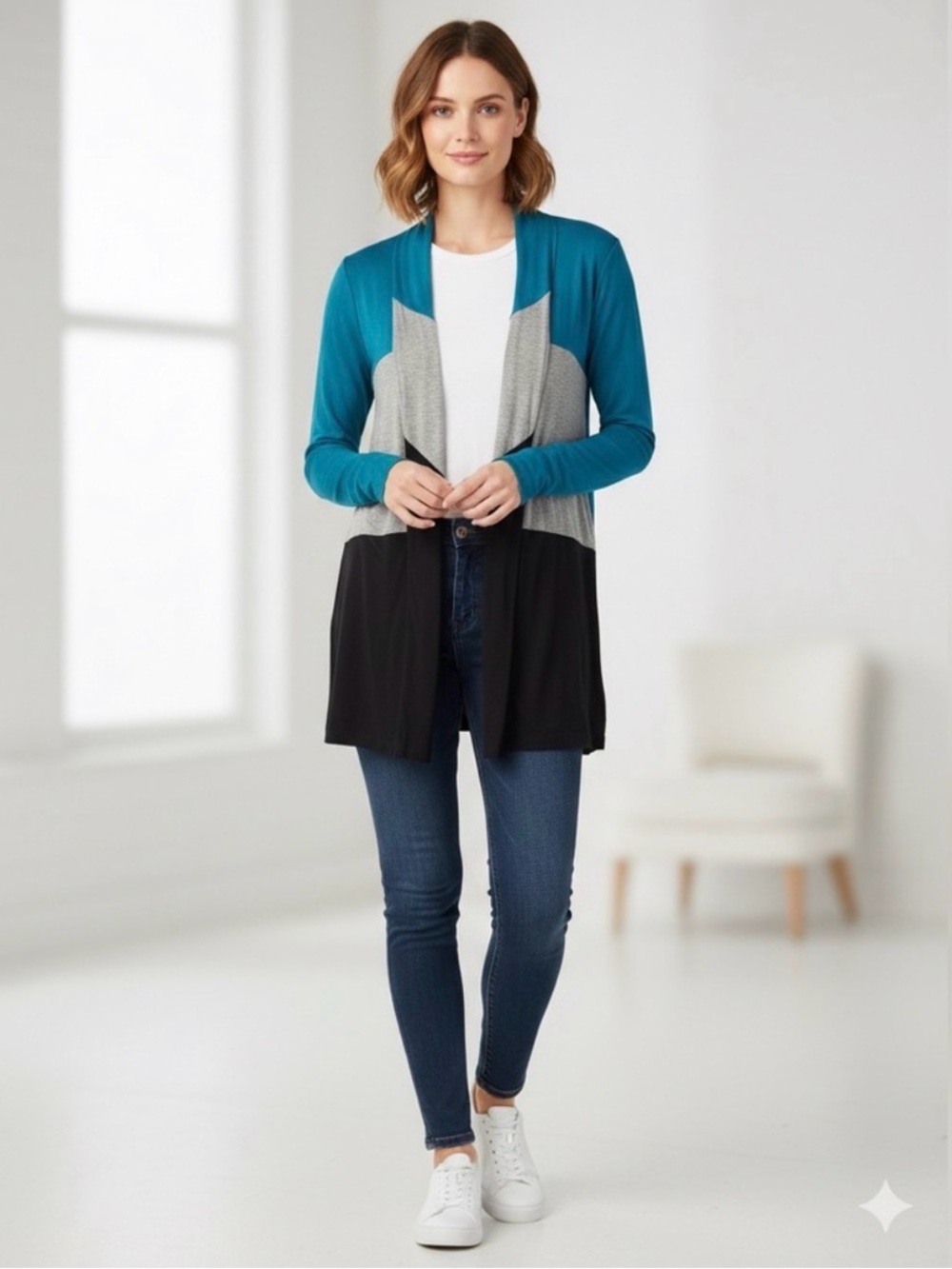 Lane Bryant Colorblock Cardigan 14 16 Teal Grey Black Open Front Chevron